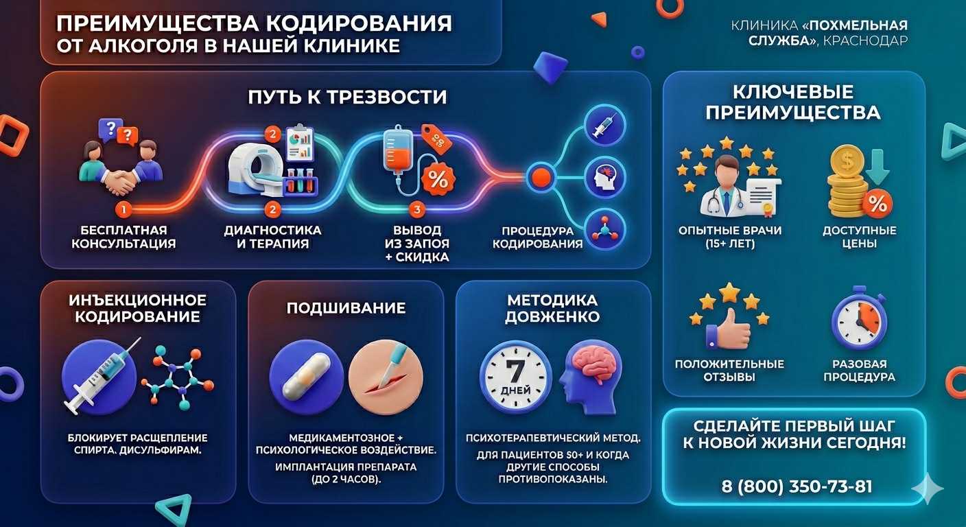 Инфографика о методах кодирования от алкоголя в Железногорск-Илимском: инъекции, подшивание, метод Довженко. Преимущества клиники и этапы лечения.